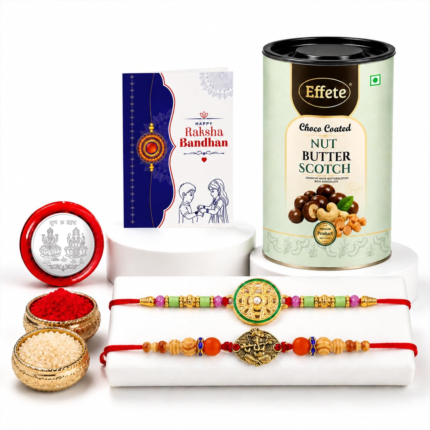 Rakhi with Chocolate for Brother (Set of 6) – Raksha Bandhan Festival Celebration Combo with Round Shape & Ganesha Design Rakhi, Chocolate, Roli Chawal, Silver Color Coin & Greeting Card