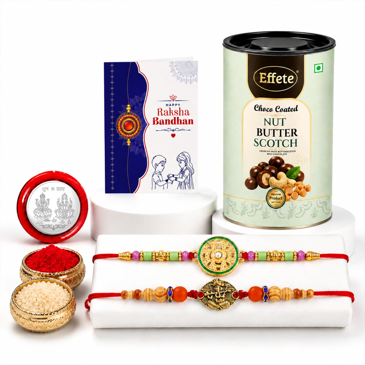 Rakhi with Chocolate for Brother (Set of 6) – Raksha Bandhan Festival Celebration Combo with Round Shape & Ganesha Design Rakhi, Chocolate, Roli Chawal, Silver Color Coin & Greeting Card