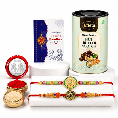 Rakhi with Chocolate for Brother (Set of 6) – Raksha Bandhan Festival Celebration Combo with Round Shape & Ganesha Design Rakhi, Chocolate, Roli Chawal, Silver Color Coin & Greeting Card