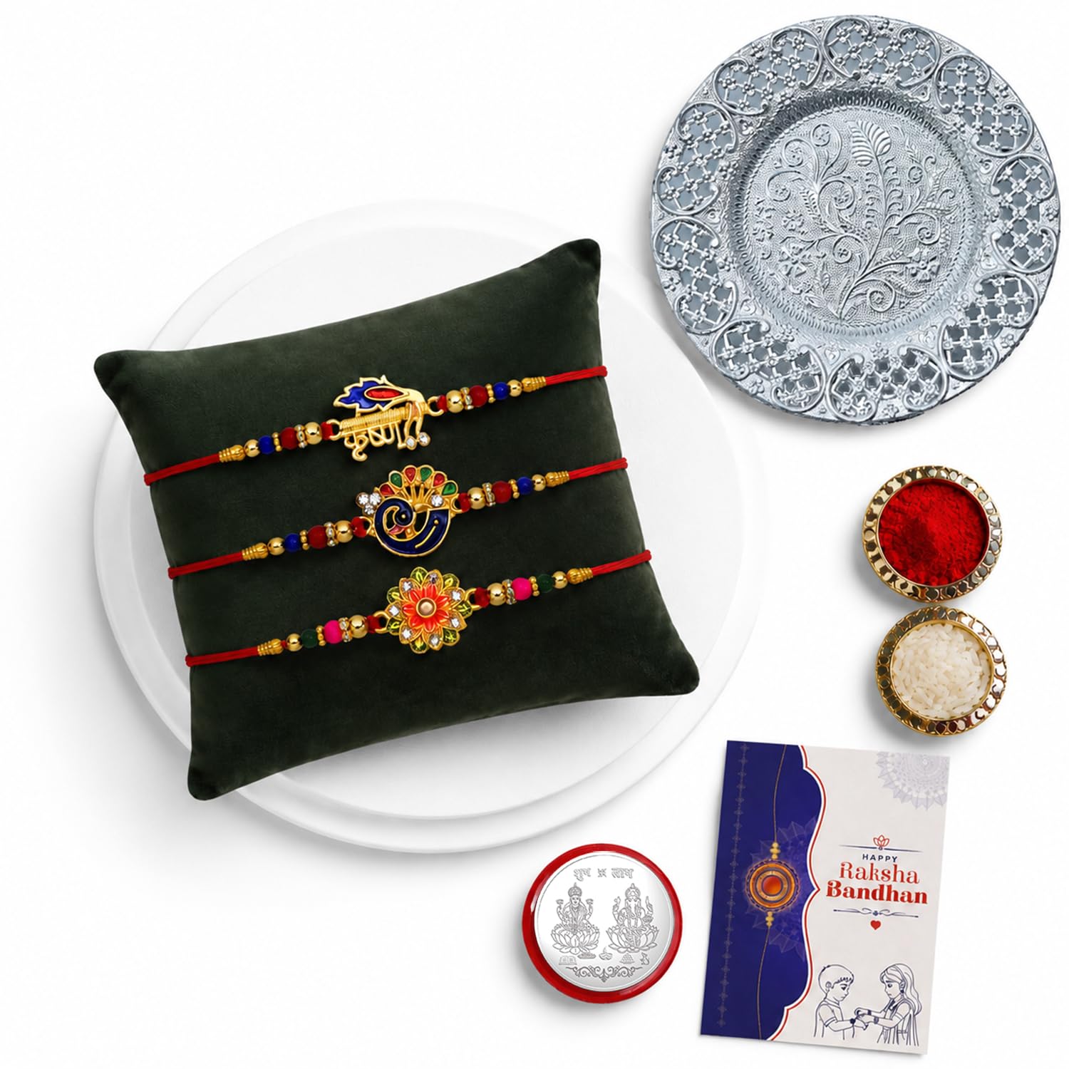 Krishna Rakhi for Brother with Pooja Thali - Raksha Bandhan Gift, Pack of 7