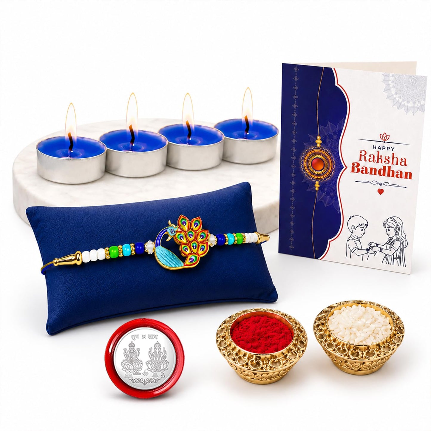 Peacock Rakhi for Brother with Candles 4pcs, Roli Tikka & Card, Pack of 5