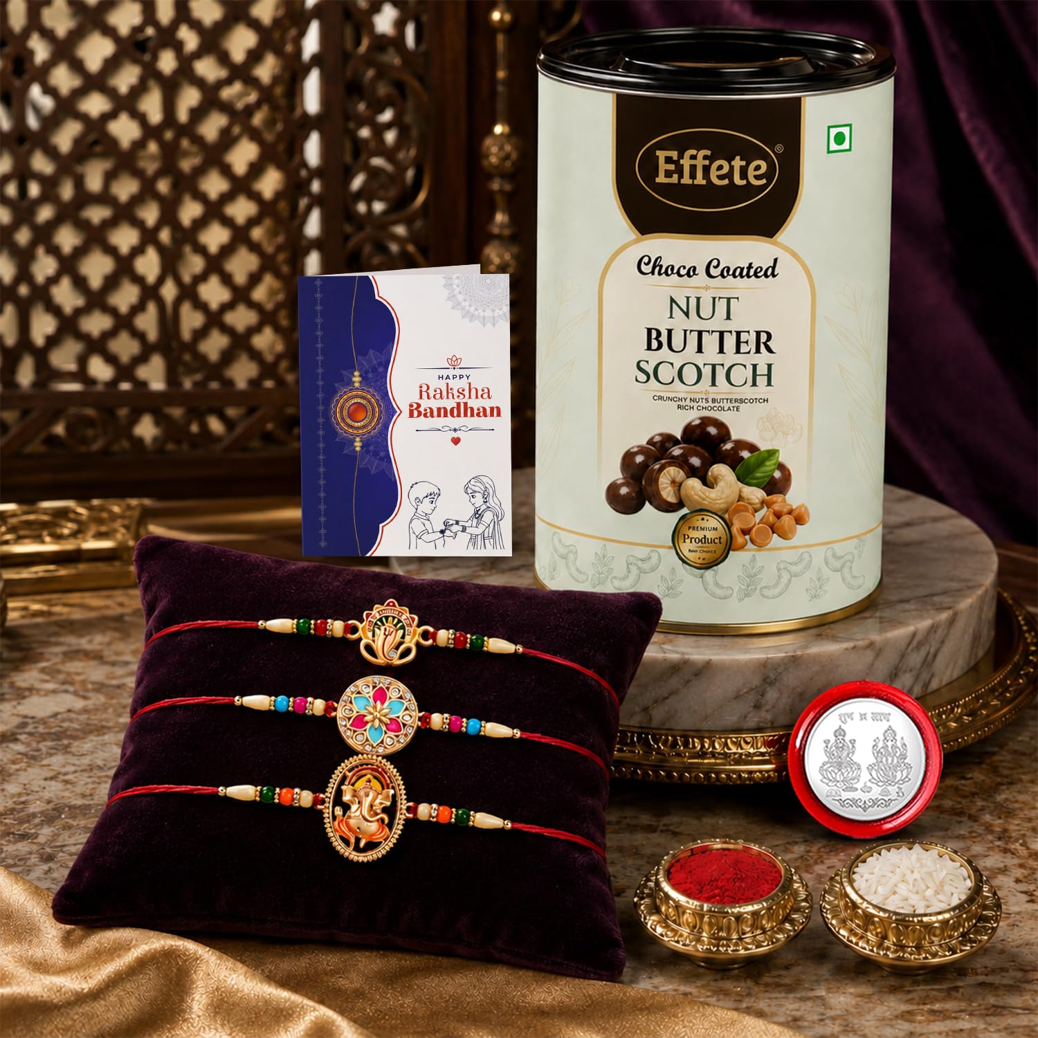 Rakhi for Brother with Butter Scotch 96gm - Raksha Bandhan Gift, Pack of 7
