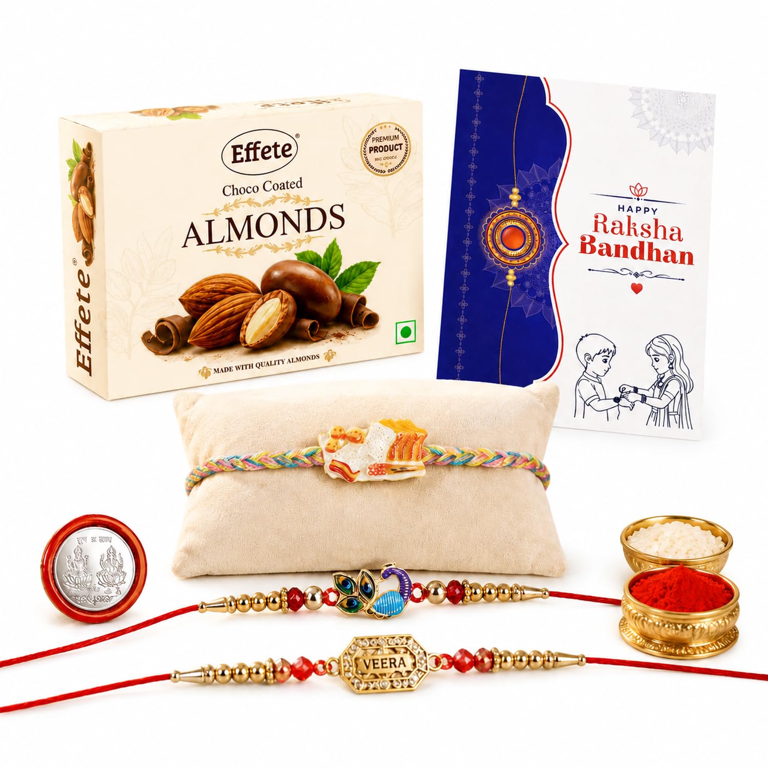 Food Charm Rakhi for Brother with Chocolate Almonds 32gm, Coin & Card, Pack of 7