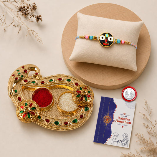 Lord Jagannath Rakhi Combo - Raksha Bandhan Gift with Art Design Pooja Thali, Pack of 5