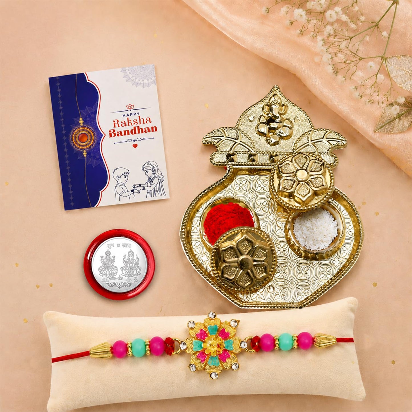 Floral Multicolor Rakhi for Brother & Bhaiya with Kalash Shape Pooja | Pack of 5
