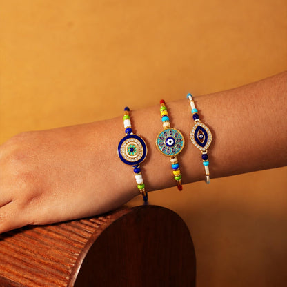 Designer Elegant Multicolor Evil Eye Rakhi for Brother with Roli Tikka, Pack of 6