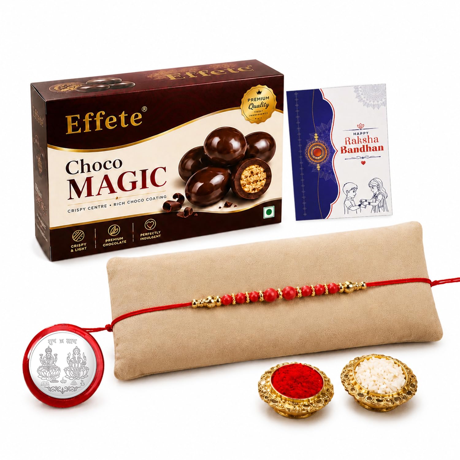 Designer Rakhi for Brother with Choco Magic 32gm, Roli Chawal & Card, Pack of 5