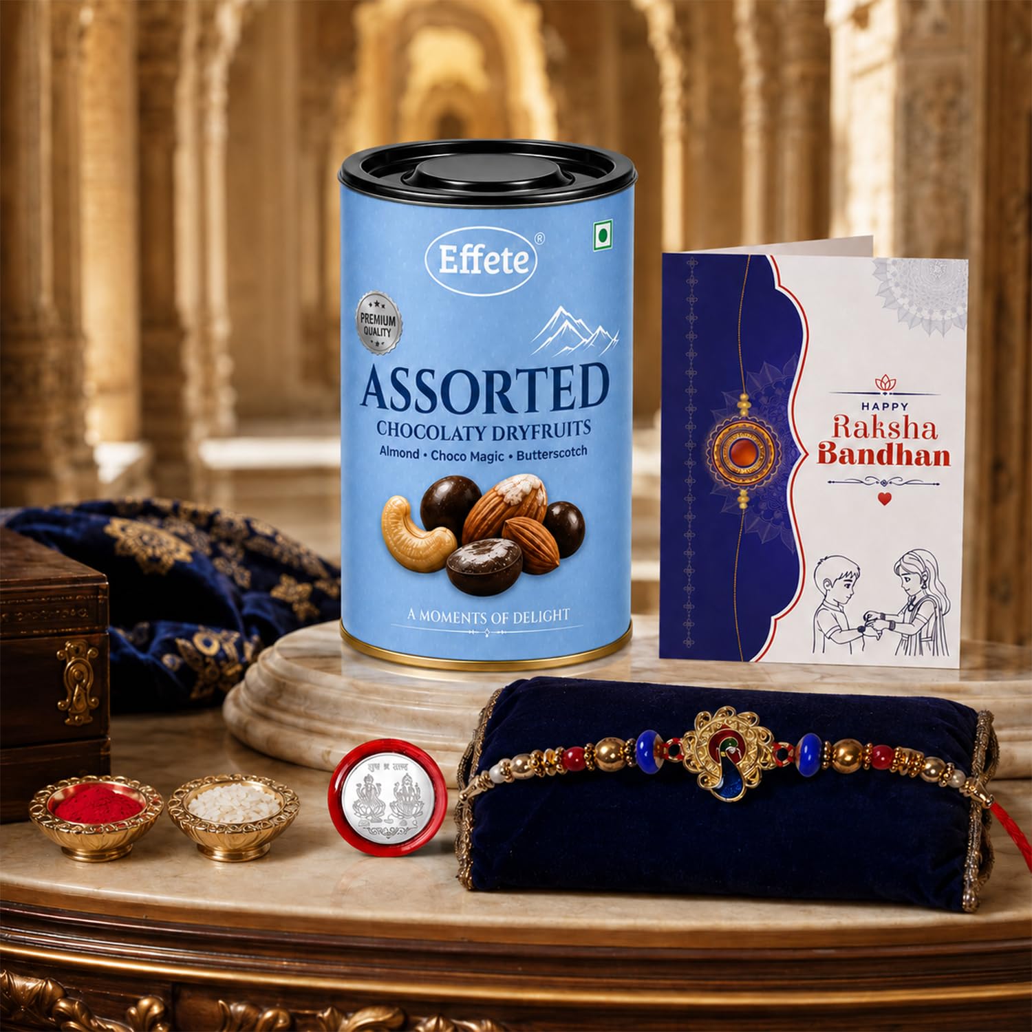 Peacock Rakhi for Brother with Choco Dryfruits 96gm, Roli Tikka & Card, Pack of 5