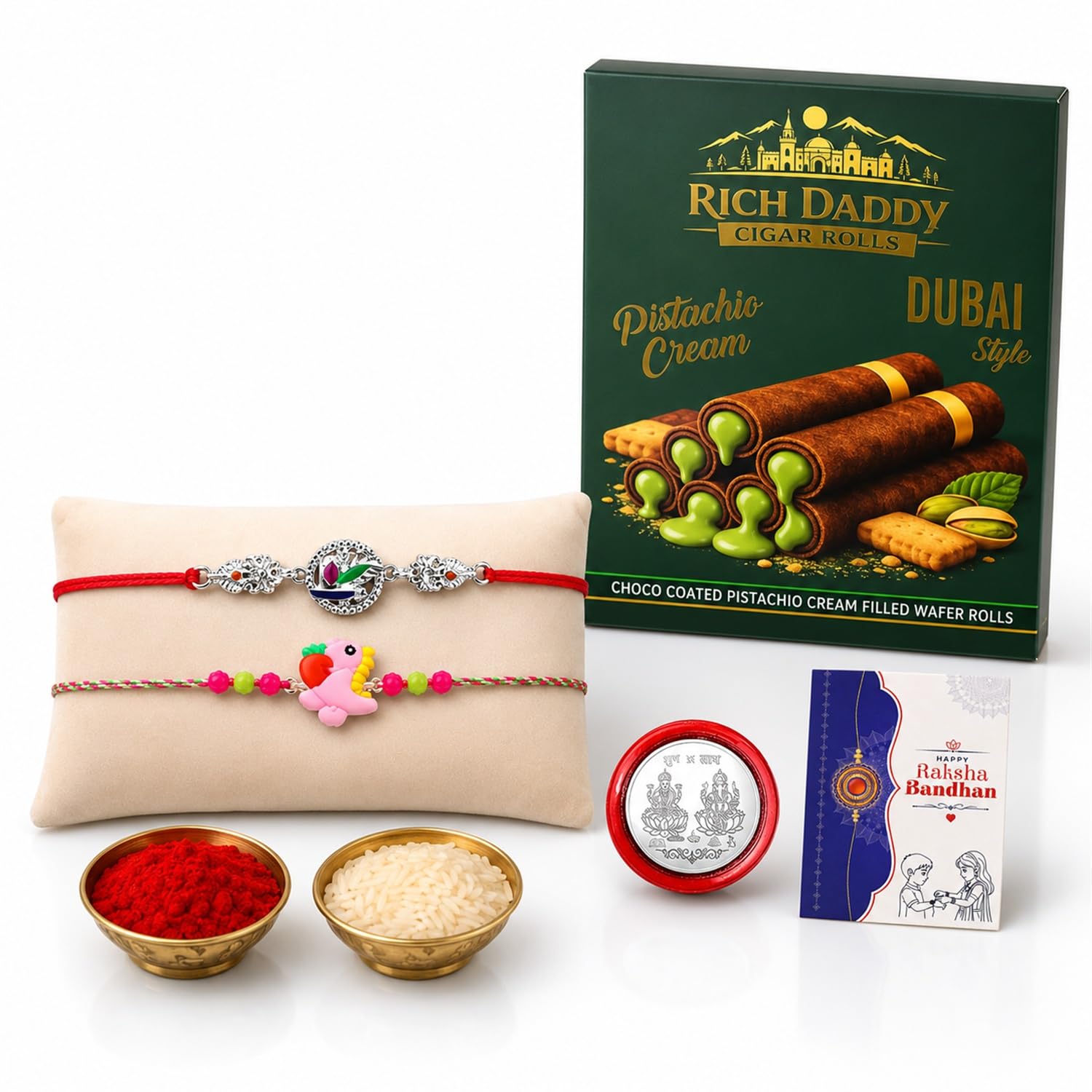 Dinosaur charm Rakhi for Brother with Pistachio Cream Wafer Rolls, Pack of 6