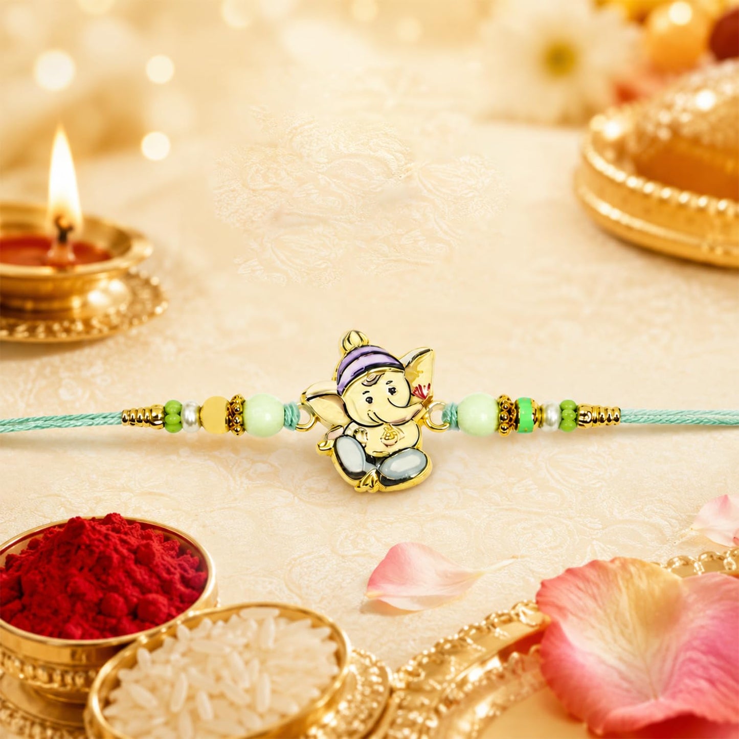 Ganesha Beads Rakhi for Brother with Tilak Set, Pooja Coin & Card, Rakhi Set (V3)