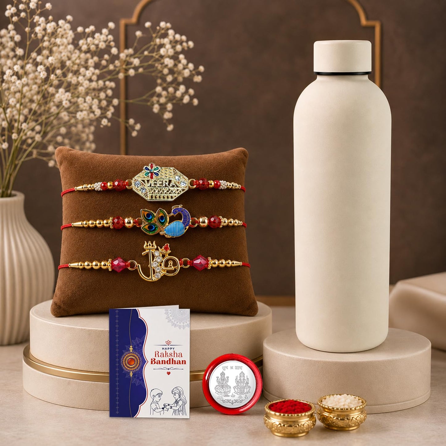 Designer Multicolor Veera, Peacock & OM Rakhi Combo for Brother | Pack of 7
