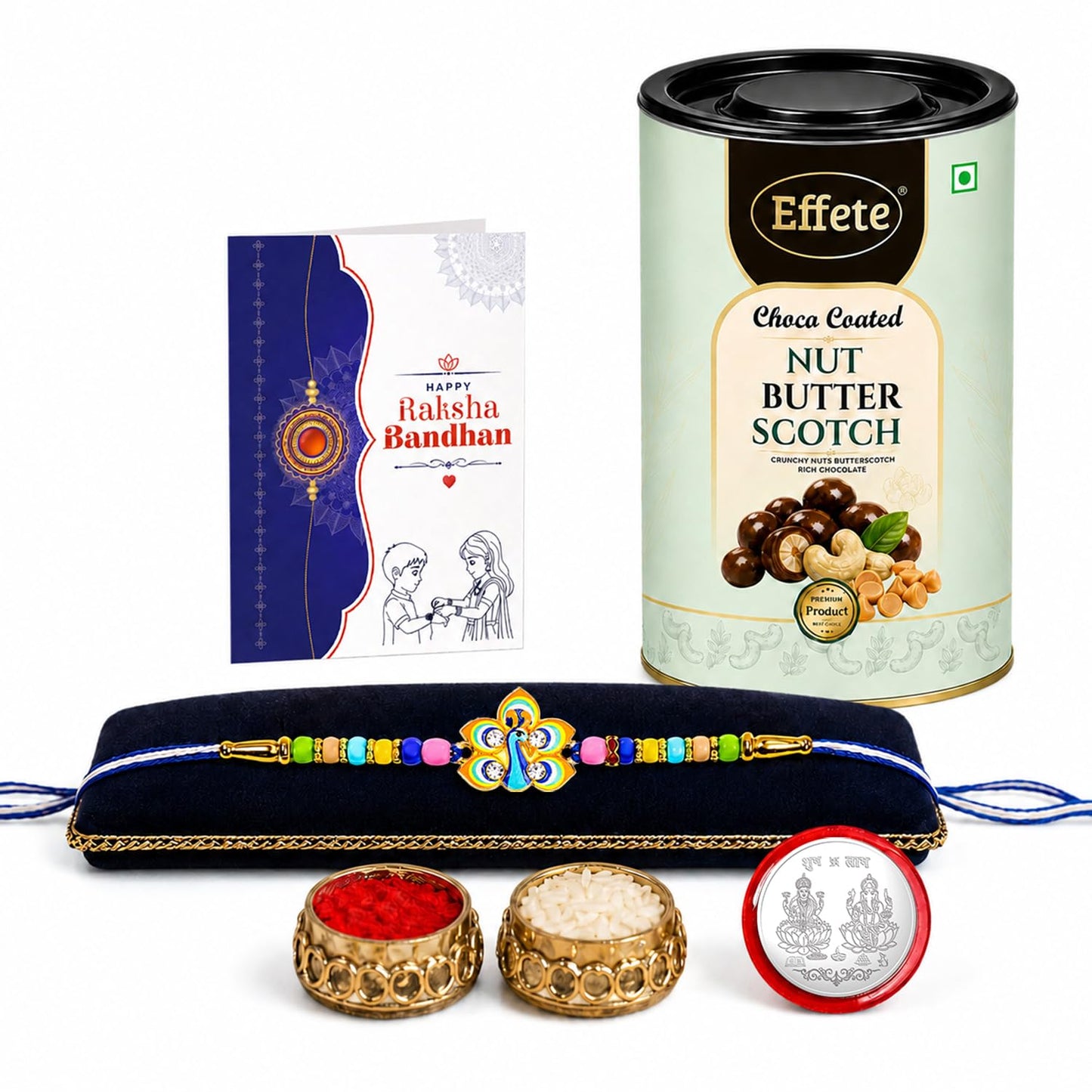 Peacock Rakhi for Brother with Butter Scotch 96gm, Roli Tikka & Card | Pack of 5