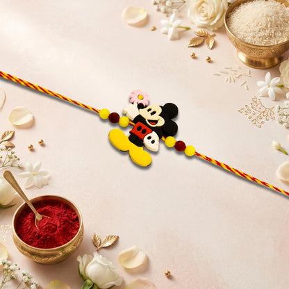 Mickey Rakhi for Brother with Butter Scotch 32gm, Roli Chawal & Card, Pack of 5