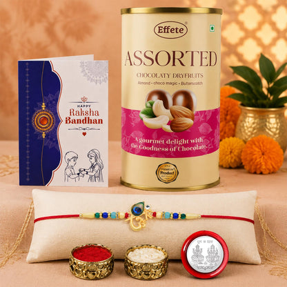 OM Rakhi for Brother with Emperor Choco, Roli Tikka, Pooja Coin & Card, Pack of 5