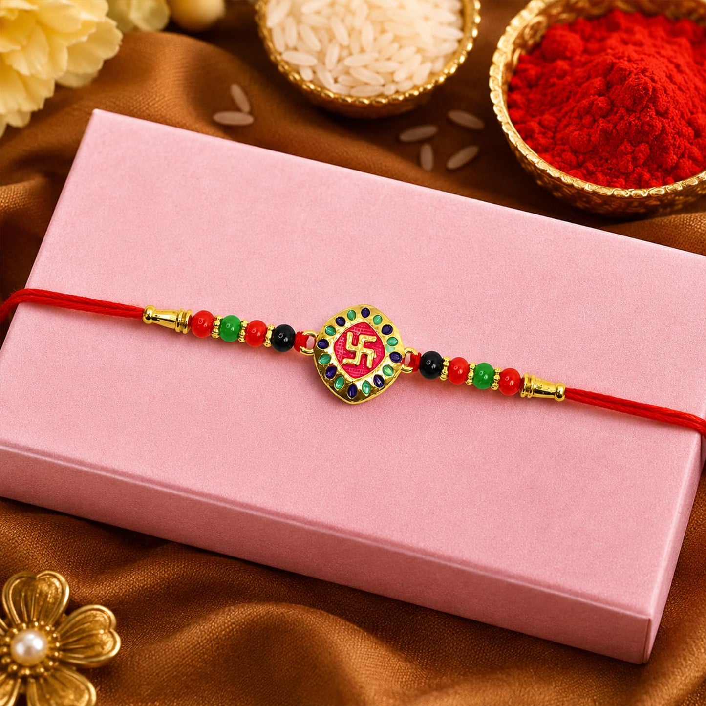 Peacock Rakhi for Brother with Chocolate Magic 32gm, Roli Tikka & Card, Pack of 6