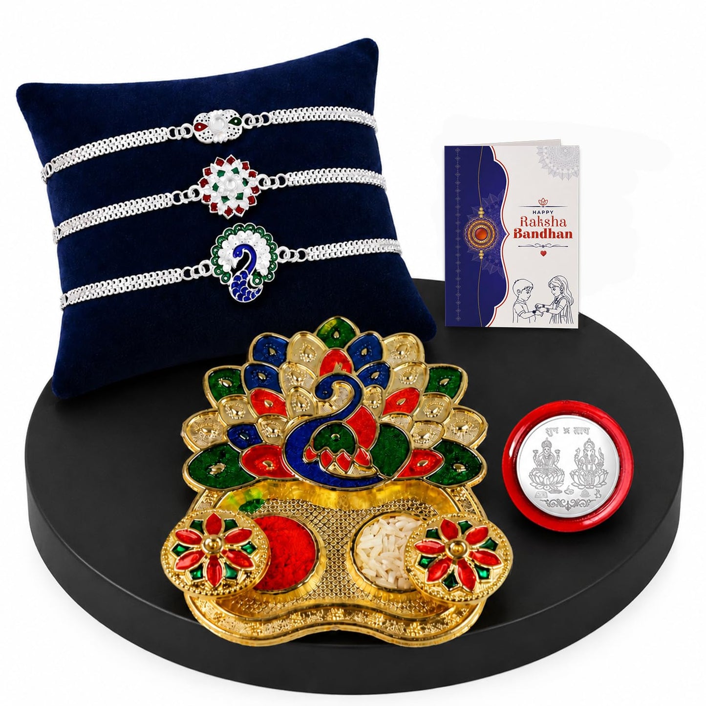 Complete Rakhi for Brother & Bhaiya with Pooja Thali gift set featuring a vibrant designer rakhi and festive essentials.