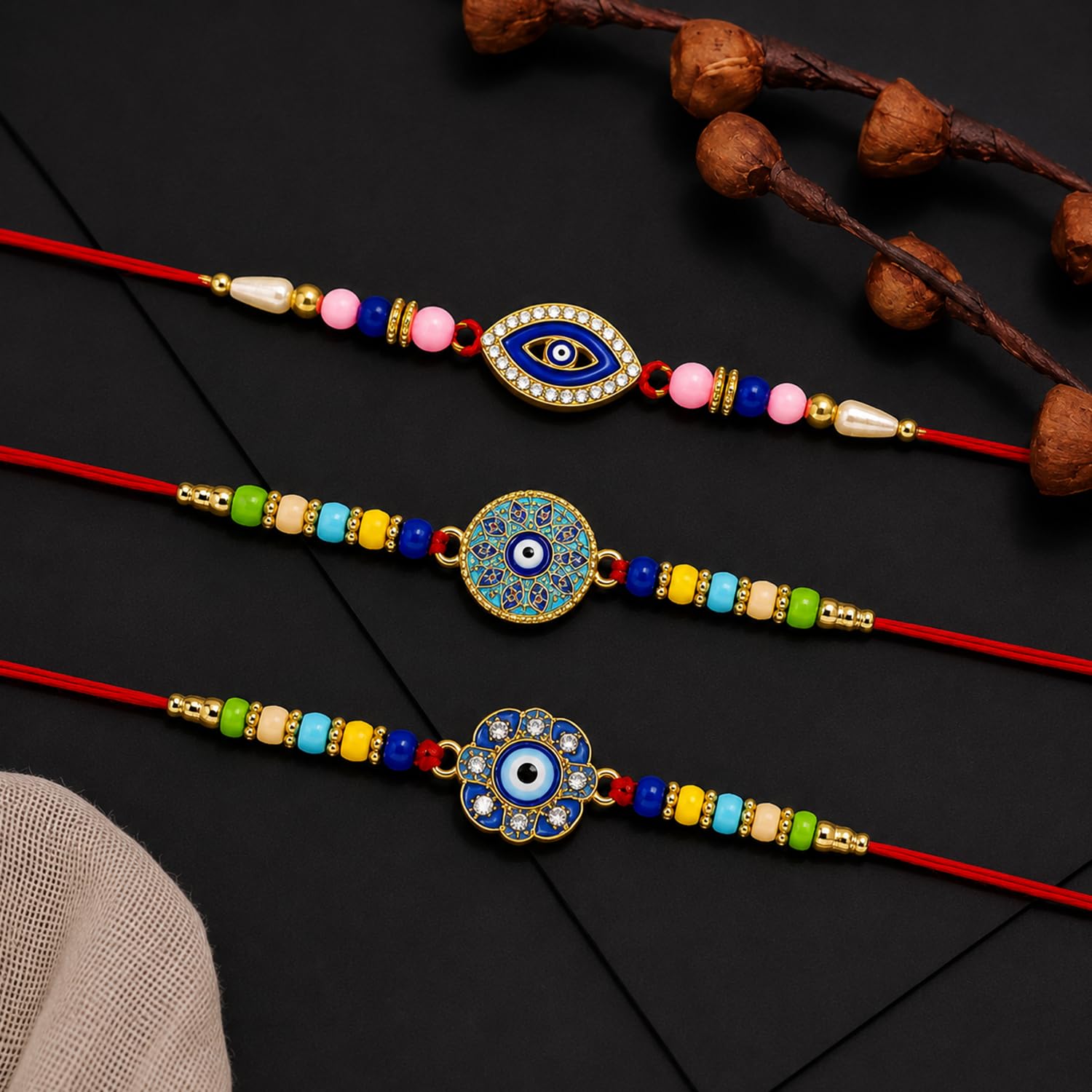 Designer Trendy Multicolor Evil Eye Rakhi for Brother with Roli Tikka, Pack of 6