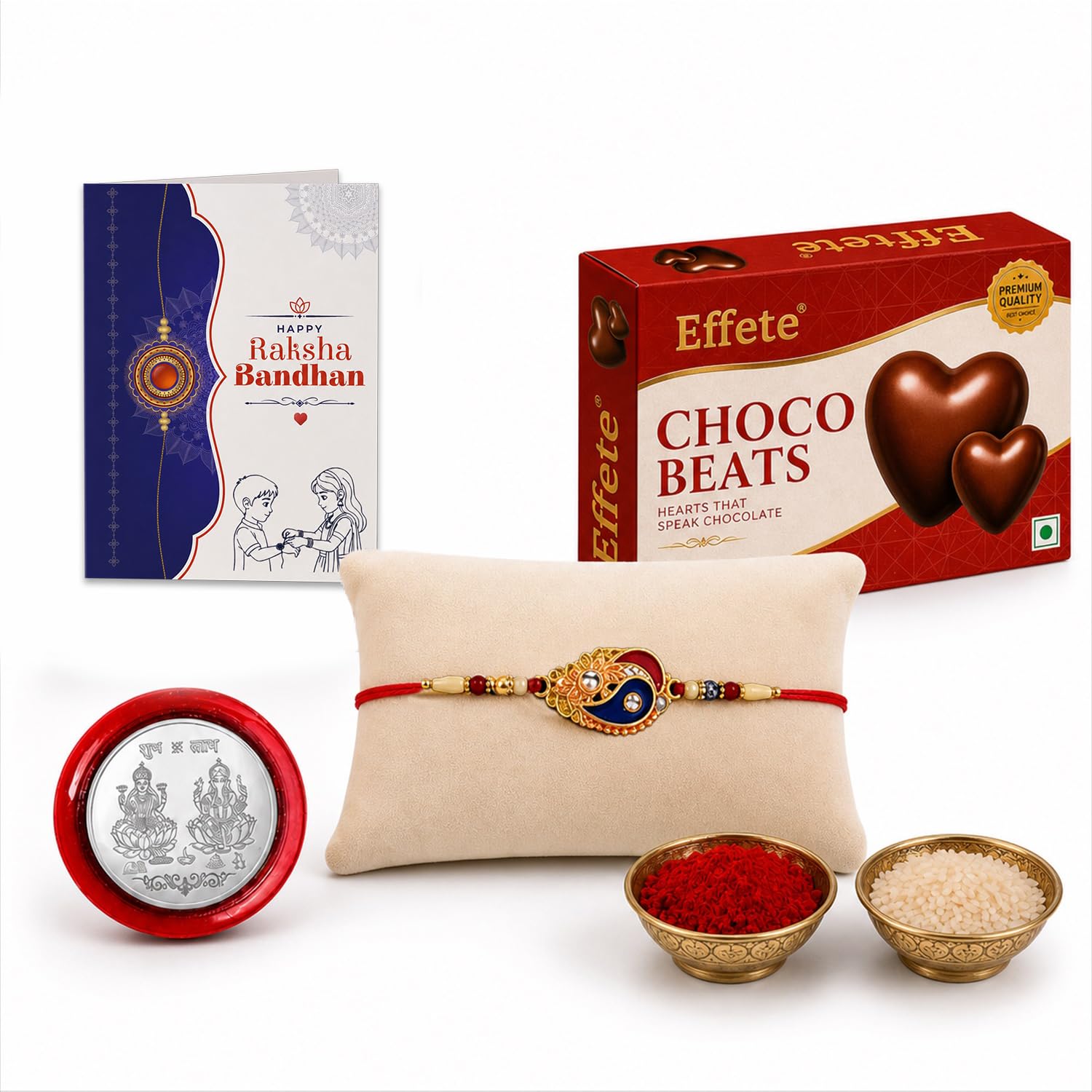 Leaf Rakhi for Brother with Chocolate Beats 32gm, Roli Tikka & Card, Pack of 5