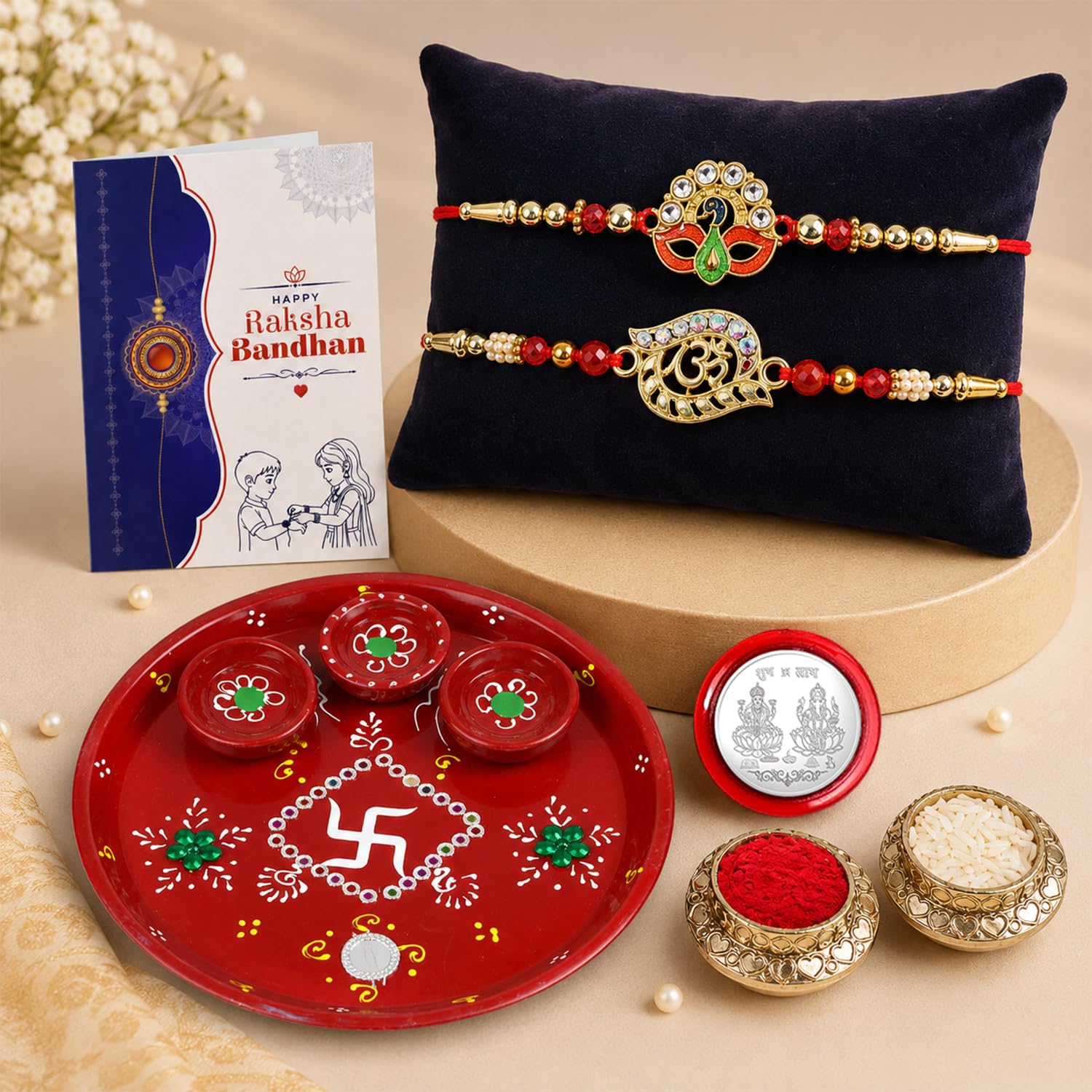 Designer Elegant Multicolor Peacock & OM Rakhi for Brother Bhaiya | Pack of 6