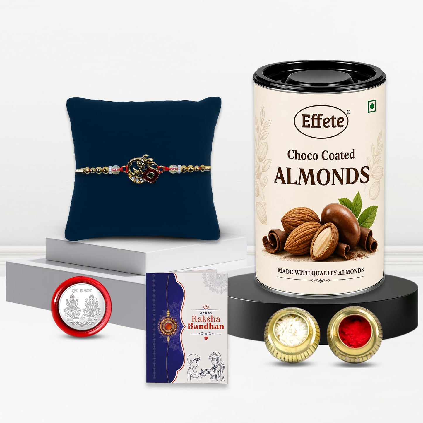 Peacock Rakhi for Brother with Choco Almonds 96gm, Roli Chawal & Card | Pack of 5