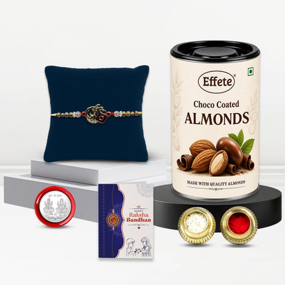 Peacock Rakhi for Brother with Choco Almonds 96gm, Roli Chawal & Card | Pack of 5