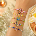 Elegant Delightful Rakhi for Brother with Roli Tikka & Greeting Card, Pack of 8