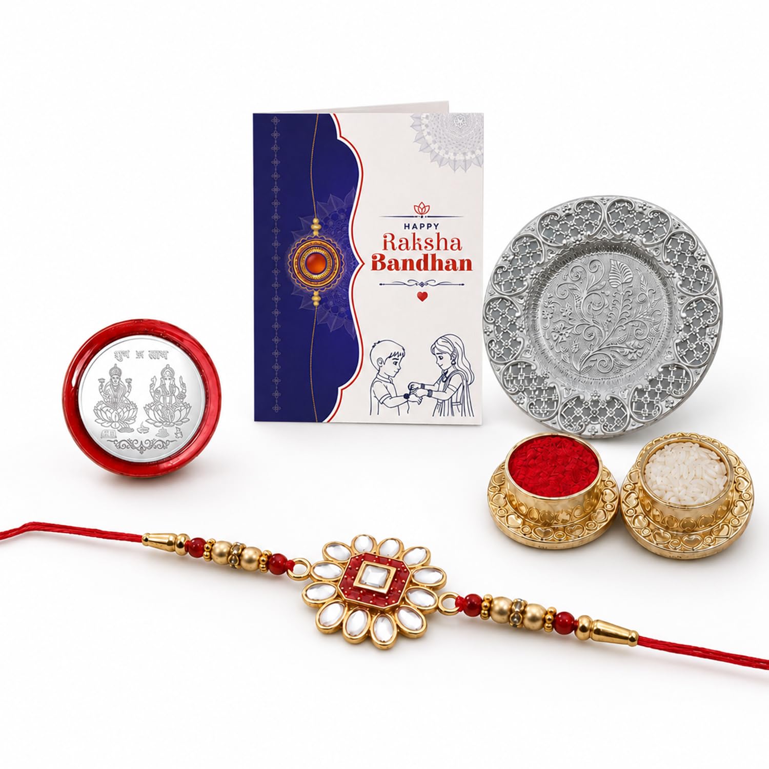 Flower Multicolor Rakhi for Brother & Bhaiya with Pooja Thali | Pack of 5