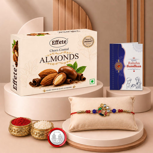 Multicolor Peacock Rakhi & Chocolate Almonds 32gm with Roli Chawal, Silver Color Pooja Coin & Greeting Card, Rakhi with chocolate, Rakshbandhan Combo, Pack of 5 For Raksha Bandhan
