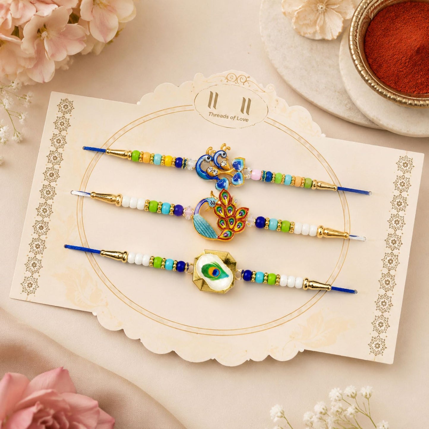 Designer Vibrant Multicolor Peacock Rakhi for Brother with Roli Tikka, Pack of 6