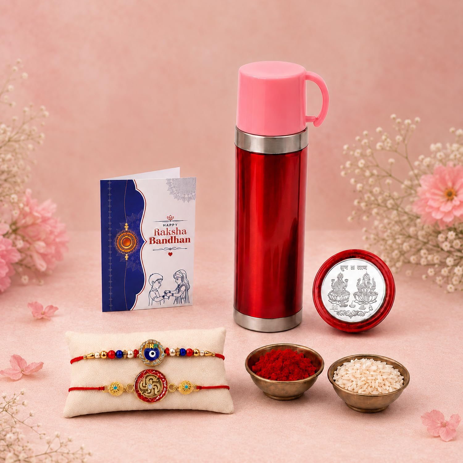 Swastik, Evil Eye Rakhi Combo - Raksha Bandhan Gift with Travel Mug 500ml, Pack of 6