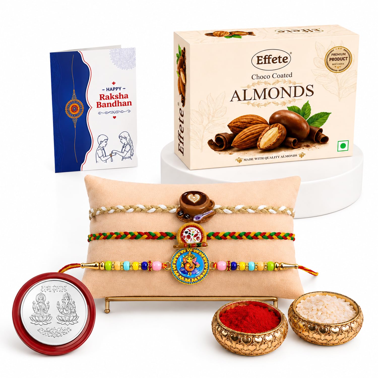 Ganesh Charm Rakhi for Brother with Choco Almonds 32gm, Coin & Card, Pack of 7