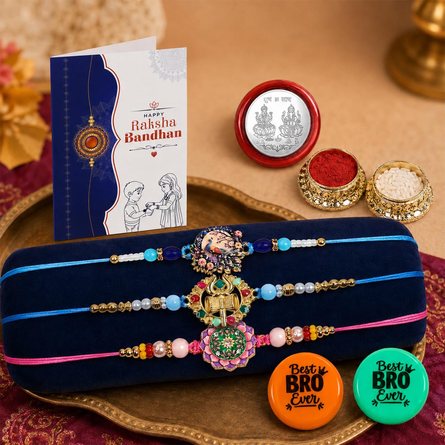 Multicolor Rakhi Lotus Motif, Om Charm, Peacock & Decorative Magnets | Pack of 8