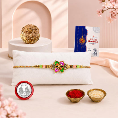 Floral Multicolor Rakhi for Brother & Bhaiya with Golden Pooja | Pack of 5