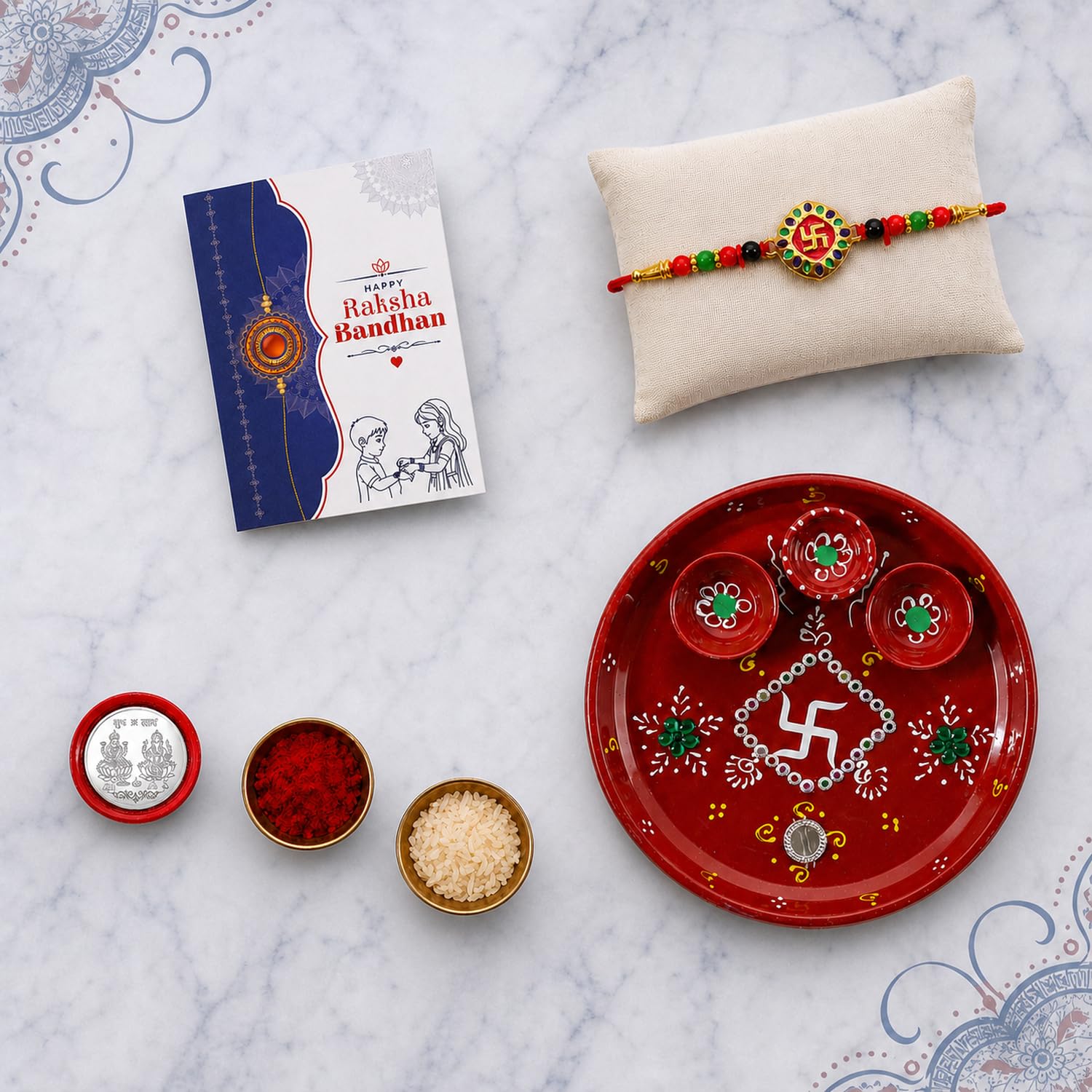 Swastika Rakhi Combo - Raksha Bandhan Gift with Decorated Pooja Thali, Pack of 5