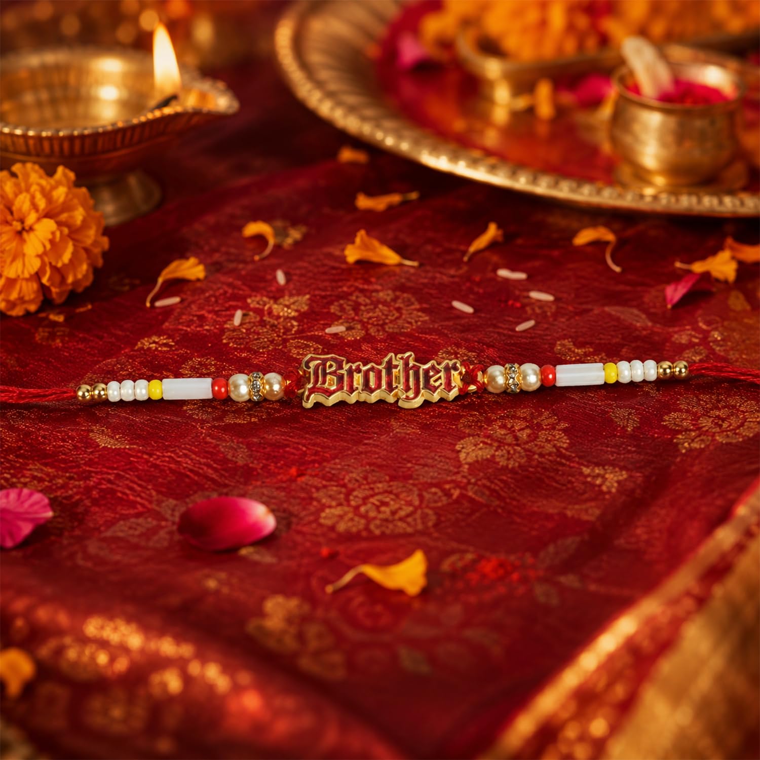 Designer Rakhi for Brother with Butter Scotch 32gm, Roli Tikka & Card, Pack of 5