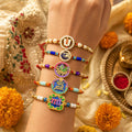 Elegant Ethnic Rakhi for Brother with Roli Tikka, Pooja Coin & Card, Pack of 8