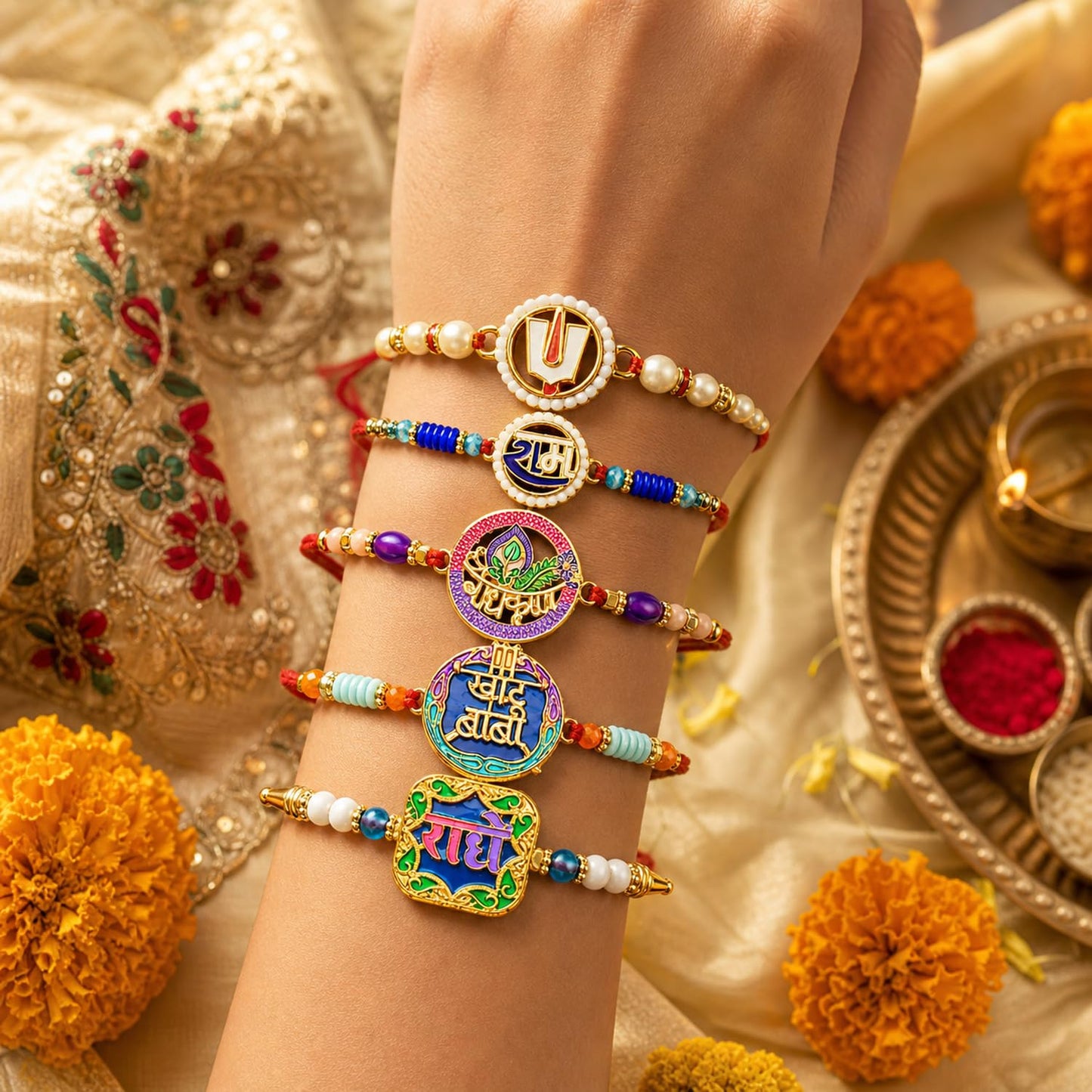 Elegant Ethnic Rakhi for Brother with Roli Tikka, Pooja Coin & Card, Pack of 8
