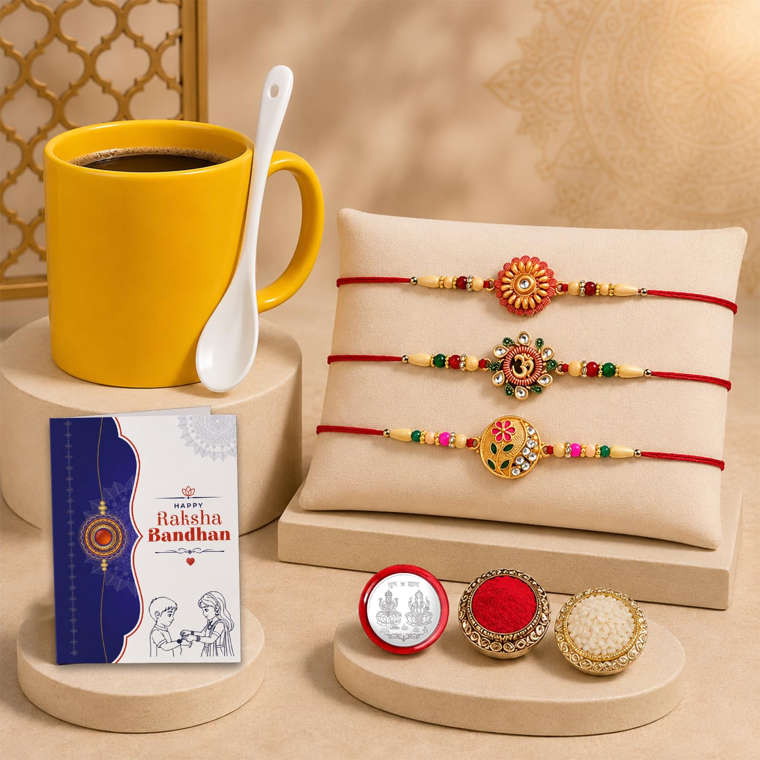 Designer Elegant Multicolor Round & Rakhi for Brother with Roli Tikka, Pack of 6