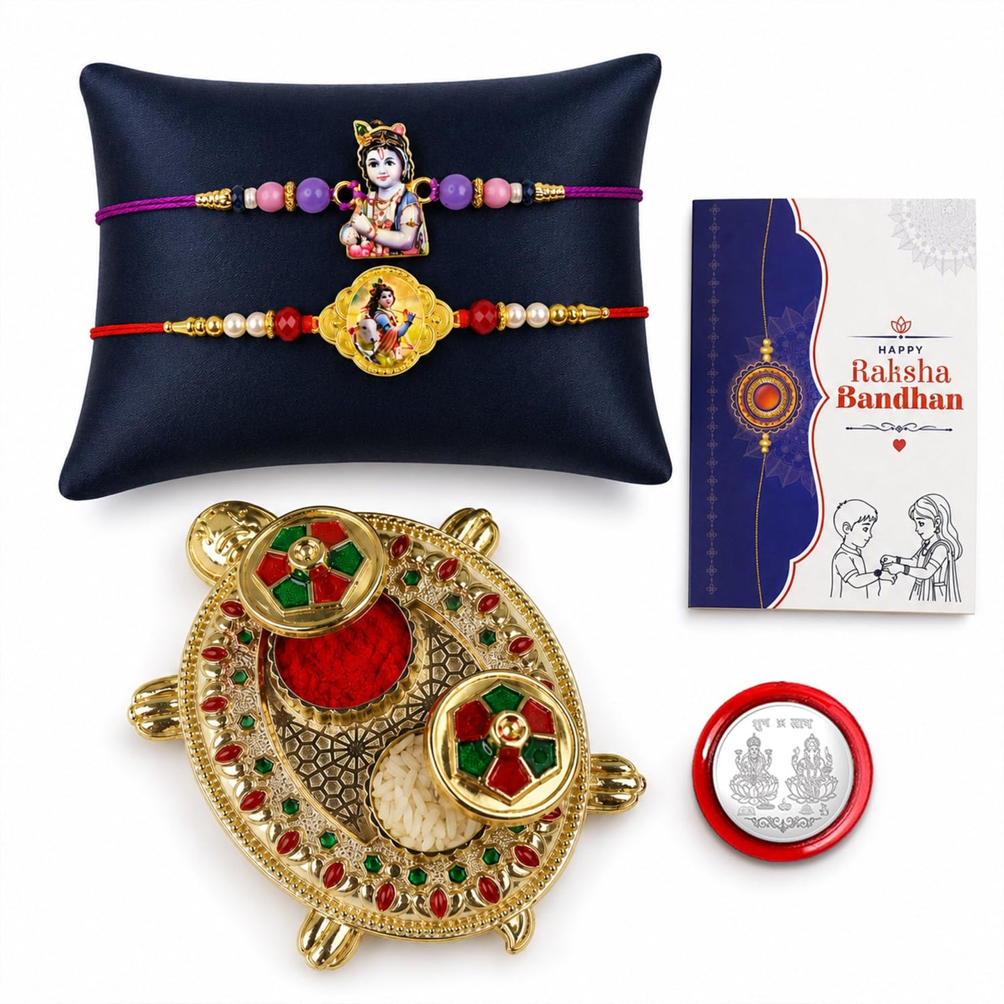Multicolor Krishna, Krishna Bracelet/Rakhi & Turtle shape Pooja Thali with Silver Color Pooja Coin, Tikka/Tilak Set & Greeting Card, Rakhi Gift Hamper (Pack of 6) For Raksha Bandhan