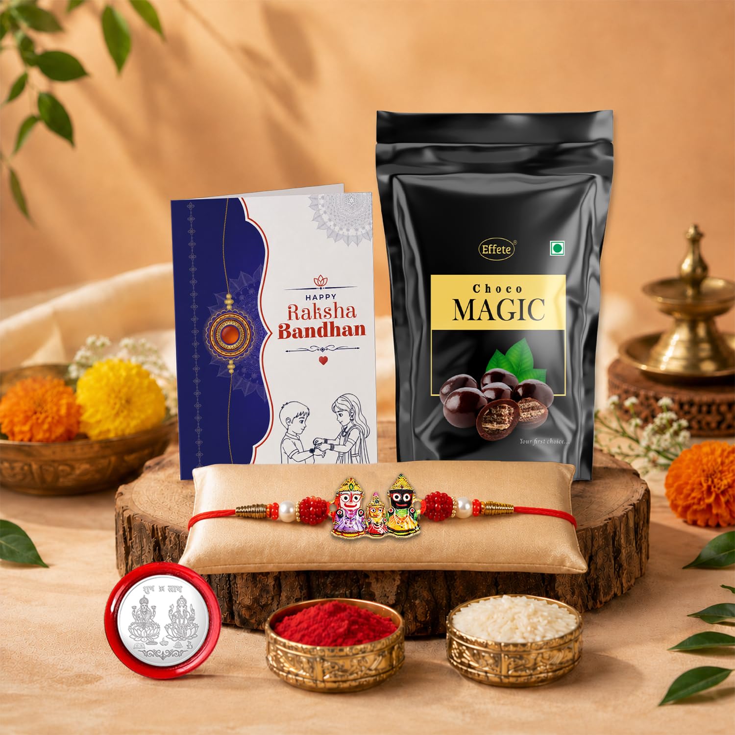 Lord Jagannath Rakhi for Brother with Choco Magic Pouch, Coin & Card, Pack of 5
