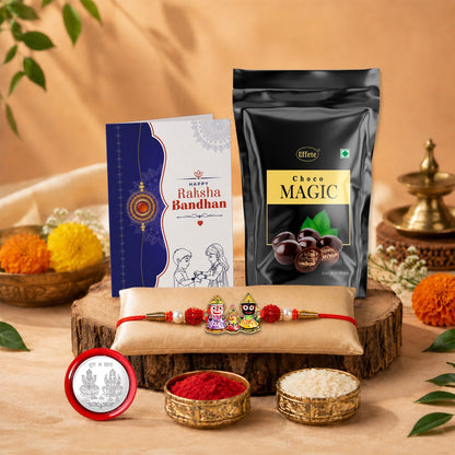 Lord Jagannath Rakhi for Brother with Choco Magic Pouch, Coin & Card, Pack of 5