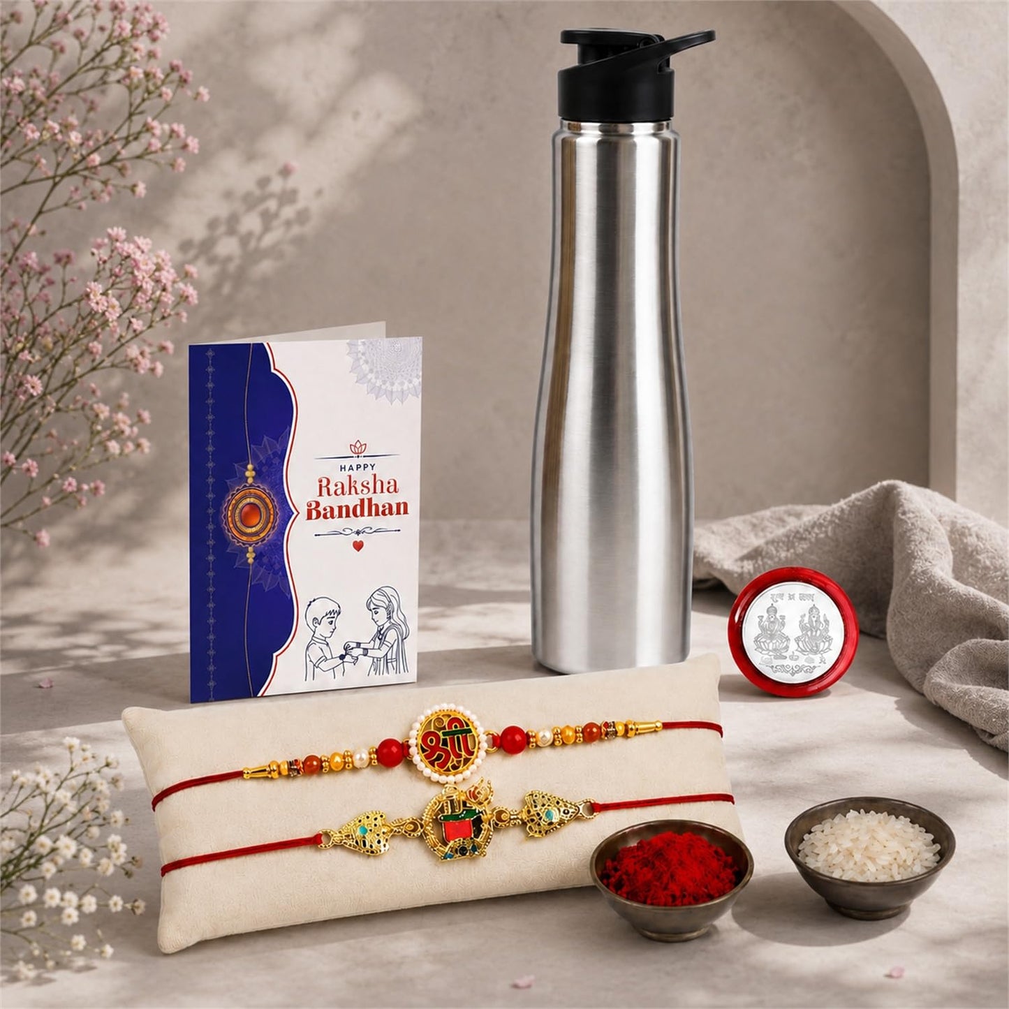 OM, Shree Rakhi Combo - Raksha Bandhan Gift with SS Water Bottle 1000ml, Pack of 6