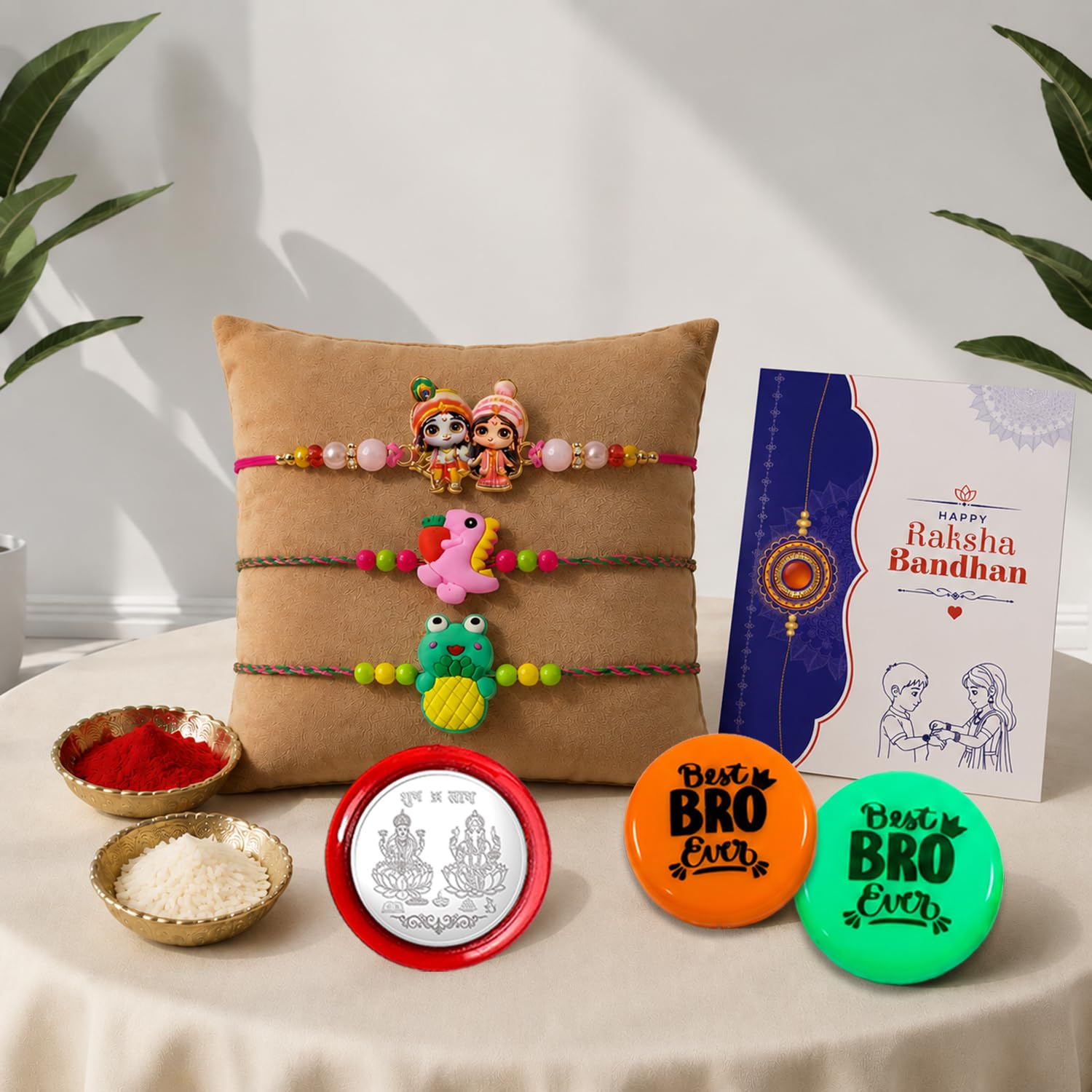Rakhi Combo with Krishna Radha, Dinosaur, Frog Decorative Magnets 2pcs, Roli