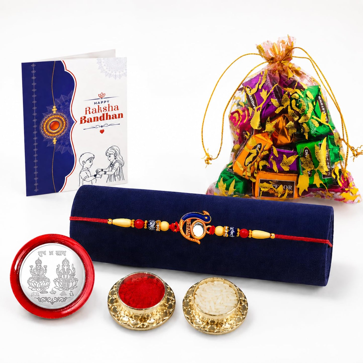 Peacock Rakhi for Brother with Assorted Treats, Roli Tikka & Card | Pack of 5