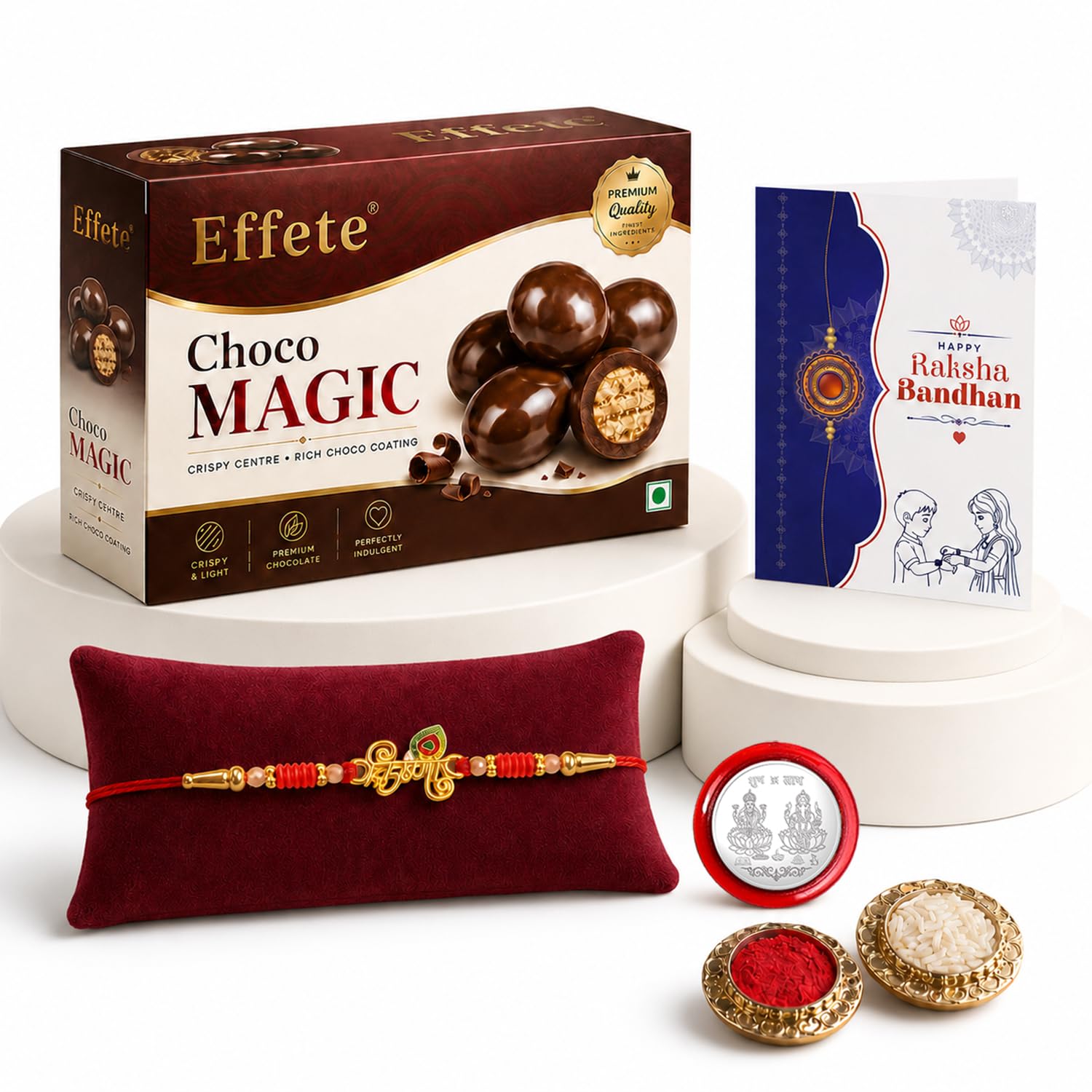 Krishna Rakhi for Brother with Chocolate Magic 96gm, Roli Tikka & Card, Pack of 5