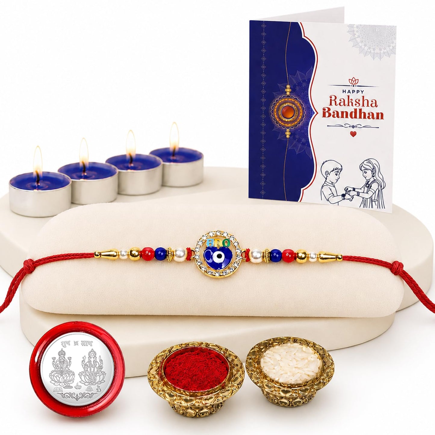 Evil Eye Rakhi for Brother with Candles 4pcs, Roli Tikka & Card, Pack of 5
