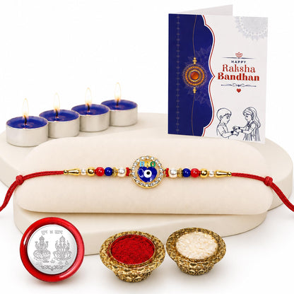 Evil Eye Rakhi for Brother with Candles 4pcs, Roli Tikka & Card, Pack of 5