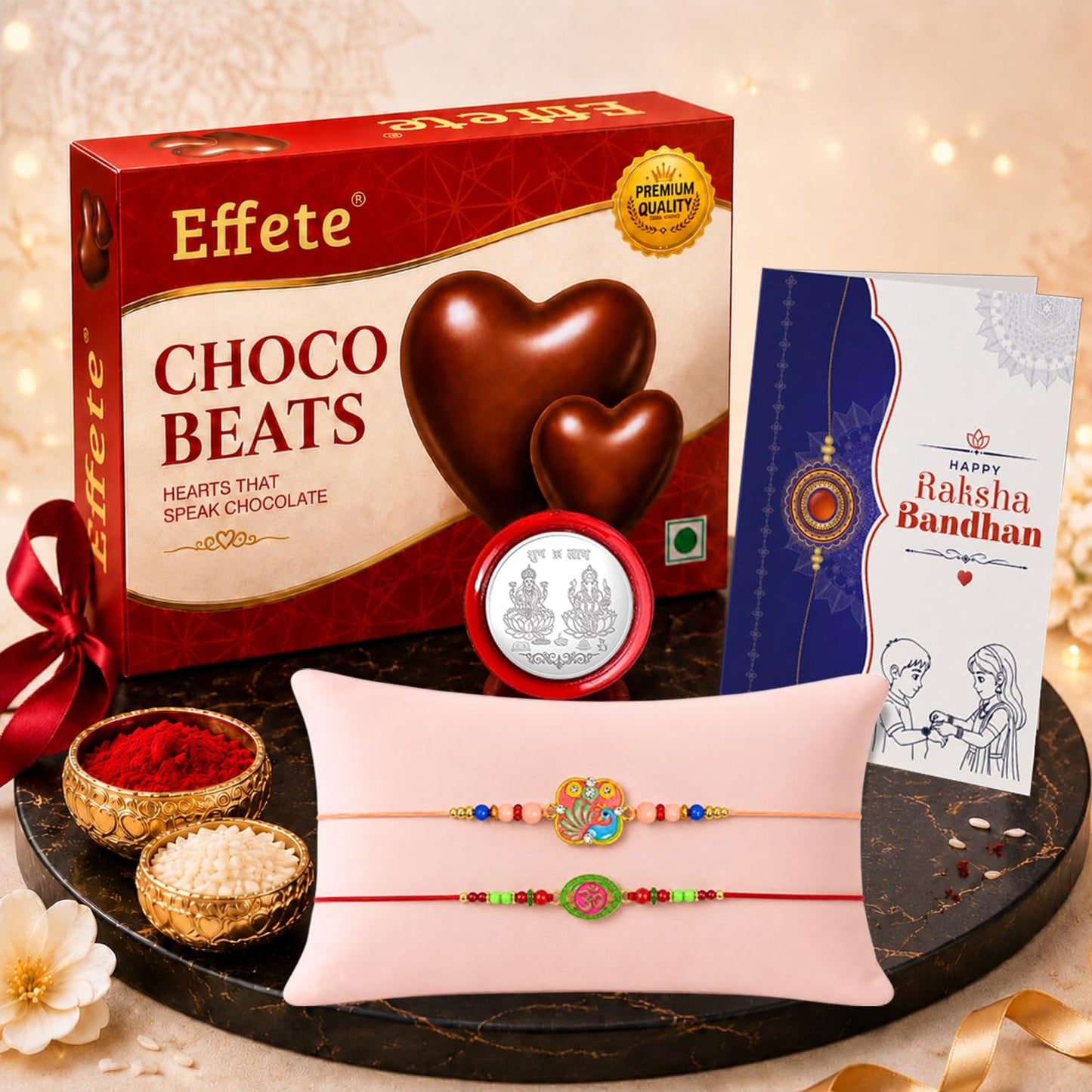 Rakhi with Chocolate for Brother (Set of 6) – Raksha Bandhan Festival Celebration Combo for Bhai with OM & Bird Design Rakhi, Chocolate, Roli Chawal, Silver Color Pooja Coin & Greeting Card