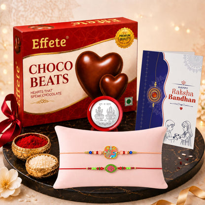 Rakhi with Chocolate for Brother (Set of 6) – Raksha Bandhan Festival Celebration Combo for Bhai with OM & Bird Design Rakhi, Chocolate, Roli Chawal, Silver Color Pooja Coin & Greeting Card