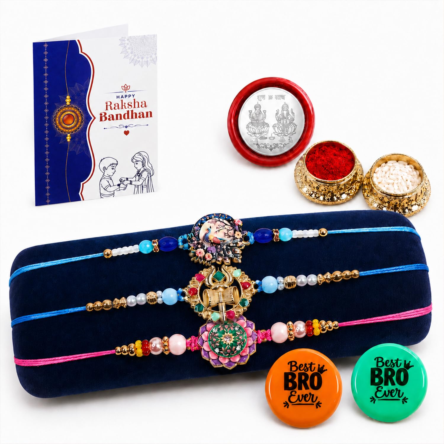 Multicolor Rakhi Lotus Motif, Om Charm, Peacock & Decorative Magnets | Pack of 8
